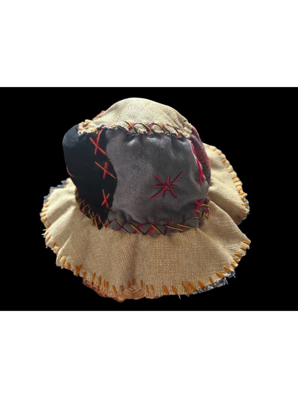 Artisan Patchwork Burlap Fabric Bucket Hat Decorative Stitching Boho Costume O/S